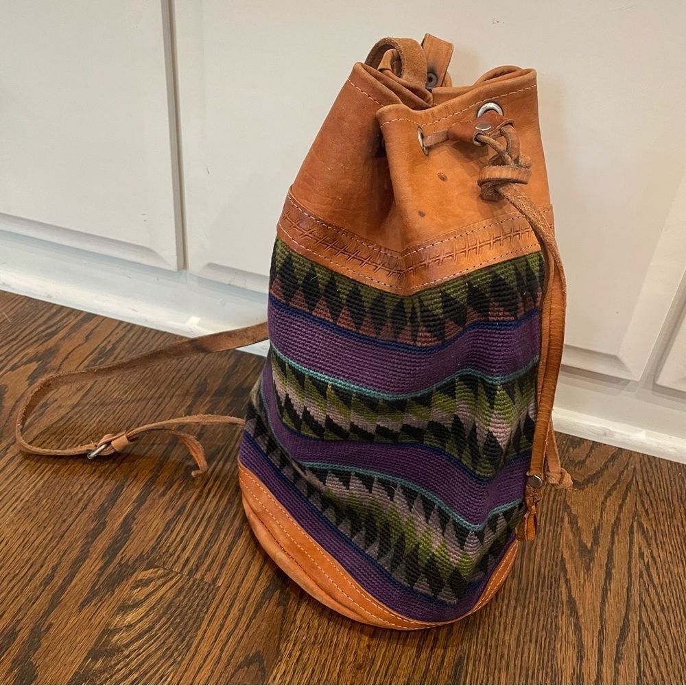 VINTAGE Aztec Tapestry & Tan Leather Drawstring Backpack - Picture 3 of 10